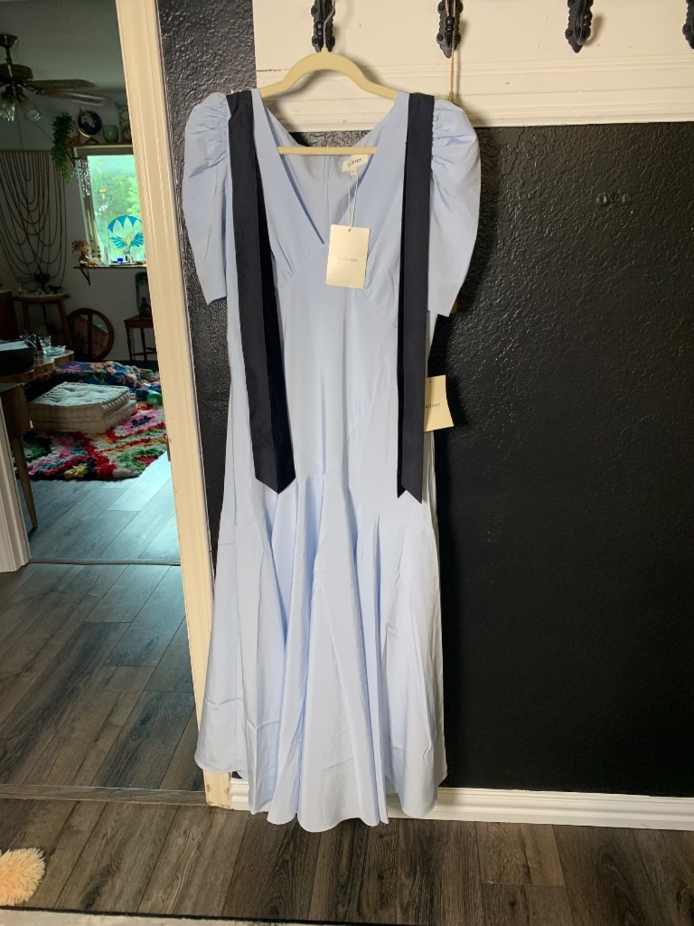 Bohme blue dress NWT - sold out sz XL black velvet bows shoulders (removable) - Picture 3 of 15